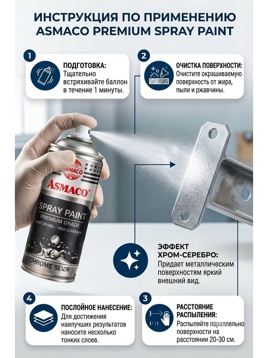 Аэрозольная краска-распылитель с металлическим эффектом ASMACO (Хромовое серебро)