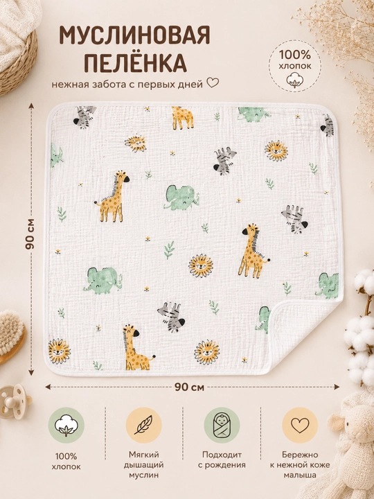 Муслиновая пелёнка-плед, 90×90 см, для новорожденных