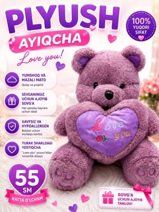 Guldastali yumshoq o‘yinchoq ayiqcha — premium-klass sovg‘a, 40 / 55 sm - 