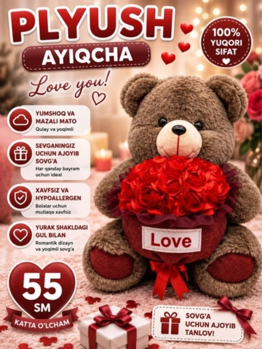 Guldastali yumshoq o‘yinchoq ayiqcha — premium-klass sovg‘a, 40 / 55 sm - 