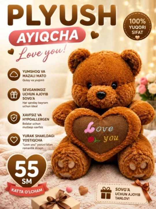 Guldastali yumshoq o‘yinchoq ayiqcha — premium-klass sovg‘a, 40 / 55 sm - 