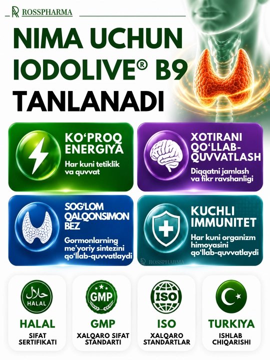 Комплекс IODOLIVE + витамин B9, йод витамина для щитовидной железы, фолиевая кислота, бады
