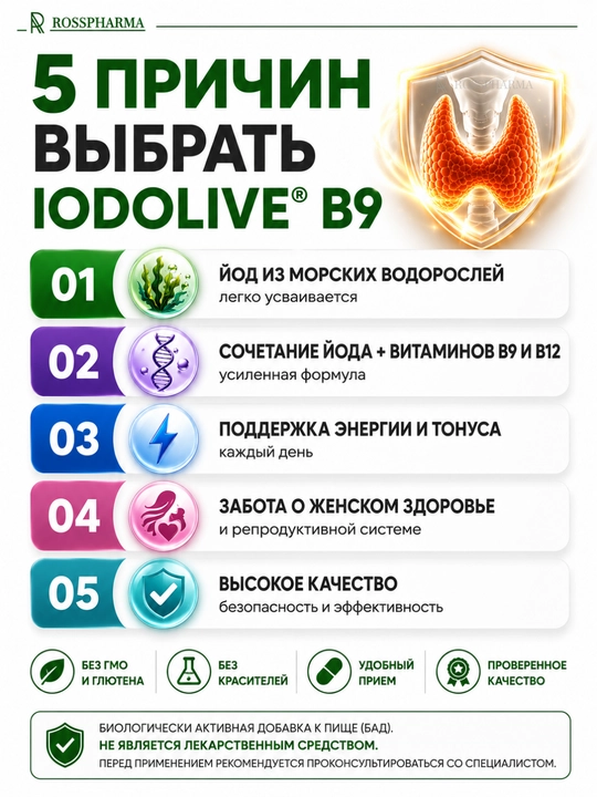 Комплекс IODOLIVE + витамин B9, йод витамина для щитовидной железы, фолиевая кислота, бады