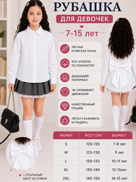 Школьная белая рубашка с длинным рукавом для девочек. 7-15 лет - 