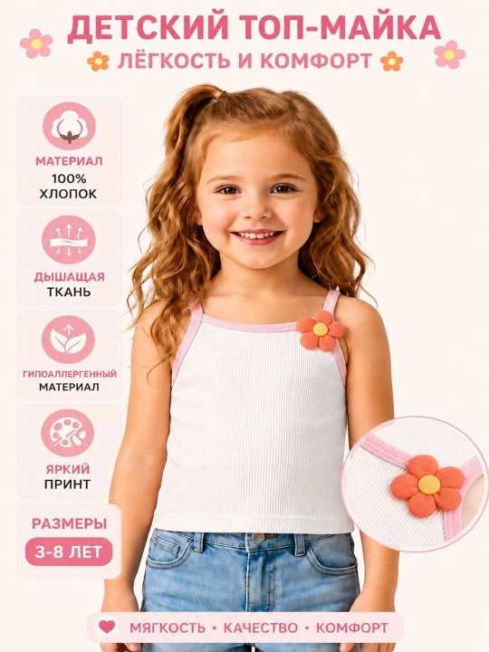 Qizlar uchun top-mayka, 100% paxta, yumshoq, nafas oluvchi, yozgi bolalar maykasi 3–8 yosh - 