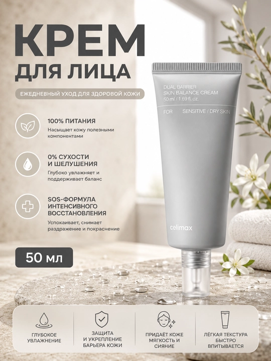 Tiklovchi yuz kremi Celimax Dual Barrier, SOS-formula, quruqlikka qarshi, 50 ml - 