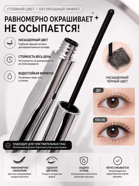 Водостойкая тушь для ресниц с эффектом объема и удлинения, черная - 