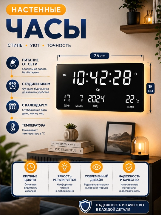 Yorug‘lik diodli displeyli, budilnikli, taqvimli elektron devor soati - 