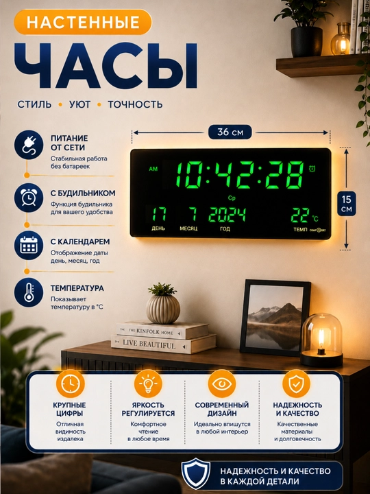 Настенные электронные часы со светодиодным дисплеем, будильником, календарем - 