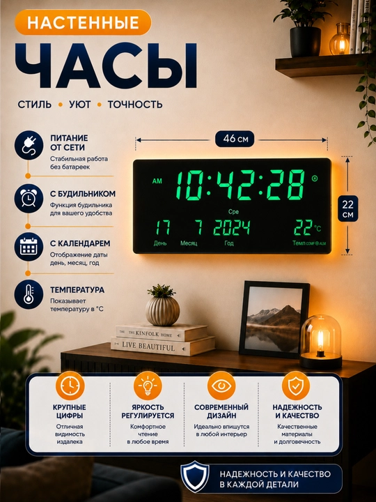 Yorug‘lik diodli displeyli, budilnikli, taqvimli elektron devor soati - 