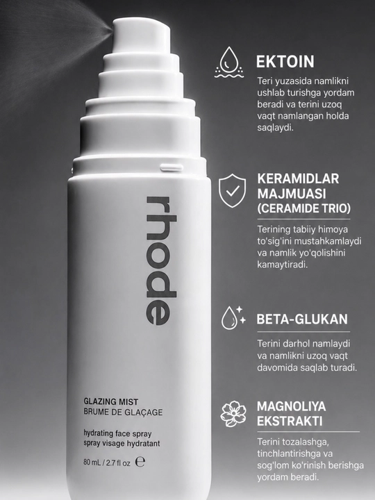 Makiyajdan oldin va keyin yuz terisini namlash uchun RHODE Glazing Mist, 80 ml