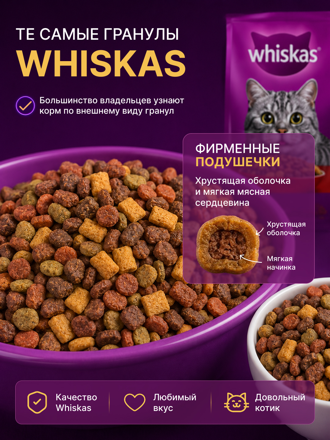 Сухой корм Whiskas для кошек, говядина/курица индейка, на развес
