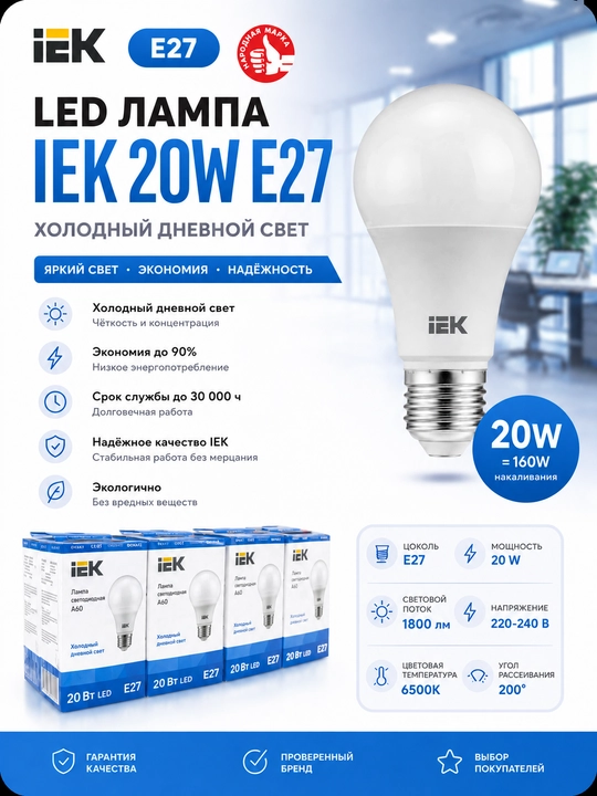 IEK A60 LED chiroq, E27, 20 Vt, sovuq kunduzgi yorug’lik (6500 K) - 