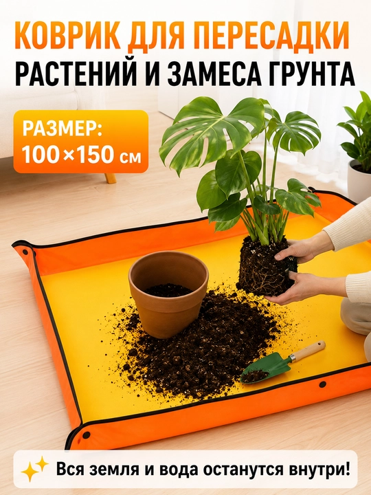 Коврик, чехол для пересадки растений и замеса грунта водонепроницаемый 100х150 см, кашпо - 