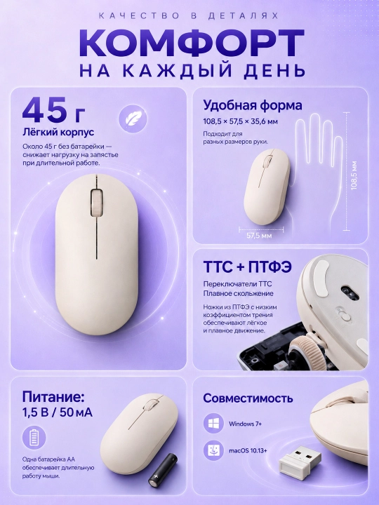 Xiaomi Wireless Mouse Lite 2 simsiz sichqonchasi, 1000 DPI, 45 g, 2,4 GGs