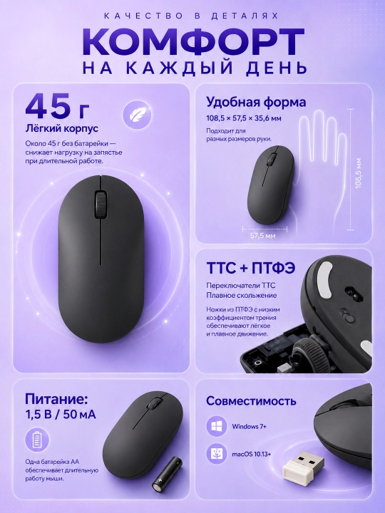 Xiaomi Wireless Mouse Lite 2 simsiz sichqonchasi, 1000 DPI, 45 g, 2,4 GGs