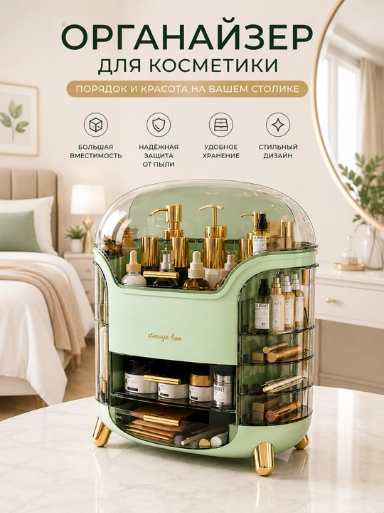 Органайзер для косметики с крышкой и ящиками, бьюти-бокс для хранения - 