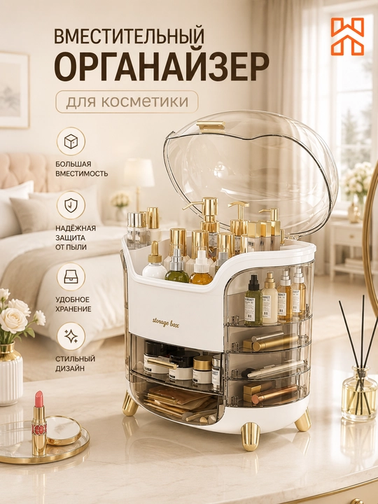 Органайзер для косметики с крышкой и ящиками, бьюти-бокс для хранения - 