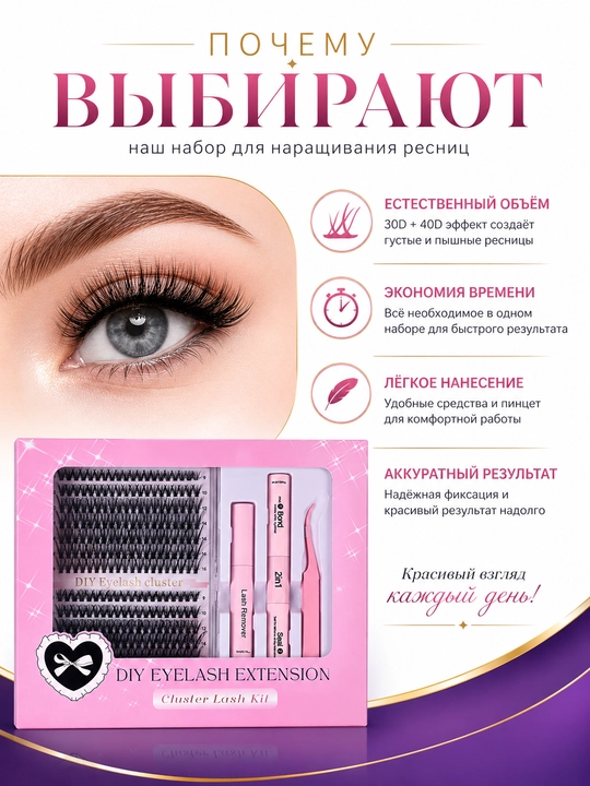 Набор для наращивания ресниц DIY – с пучками 10D, 20D, 30D, 40D
