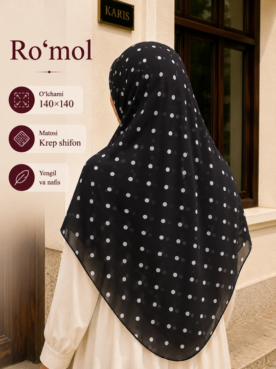 Ayollar ro‘mollari, krep-shifon, manzara ro'mol matosi harir, hijob, 120×120, 140×140 sm, Misr