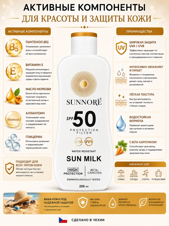 Quyoshdan himoyalovchi krem SUNNORÉ SPF 50+ UVA/UVB, 200 ml - 