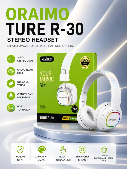 Oraimo TURE R-30 Simsiz Bluetooth Naushnik, RGB, Mikrofon, Stereo Ovoz, 48 Soat - 