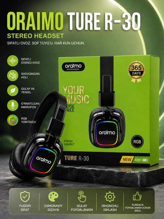 Oraimo TURE R-30 Simsiz Bluetooth Naushnik, RGB, Mikrofon, Stereo Ovoz, 48 Soat - 