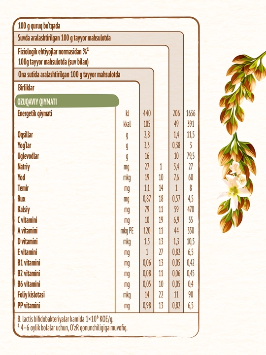 NESTLÉ® "Bifidobakteriyali grechkali" sutsiz bolalar bo‘tqasi, 4 oylikdan boshlab. 200 g