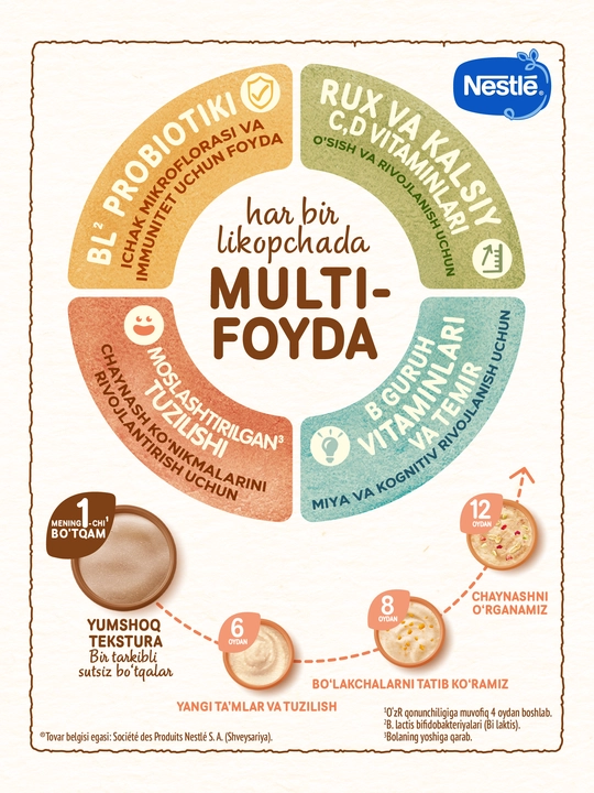 NESTLÉ® "Bifidobakteriyali grechkali" sutsiz bolalar bo‘tqasi, 4 oylikdan boshlab. 200 g