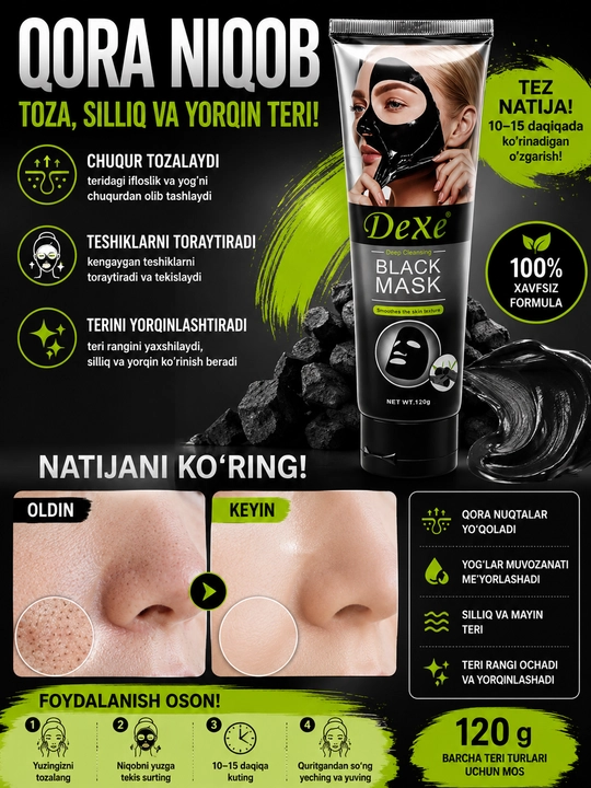 Dexe Black Mask tozalovchi qora niqobi, yuz uchun piling, 120 g - 