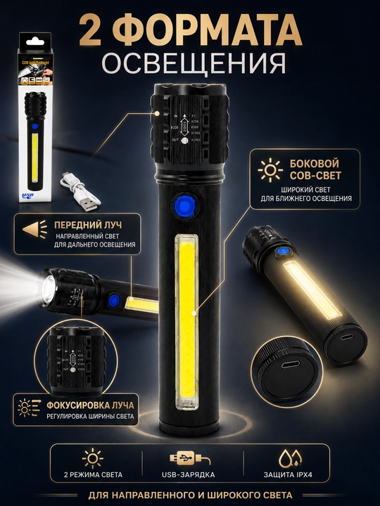 LED-фонарь с USB Type-C зарядкой, ручной фонарик с 4 боковыми световыми элементами