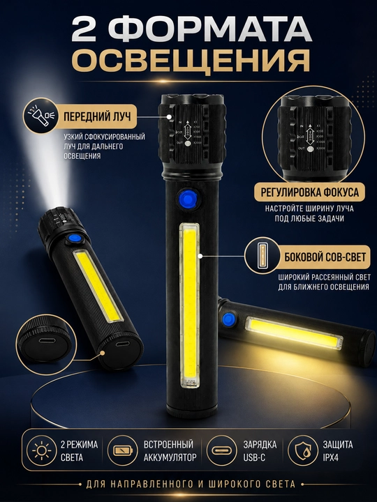 LED-фонарь с USB Type-C зарядкой, ручной фонарик с 4 боковыми световыми элементами