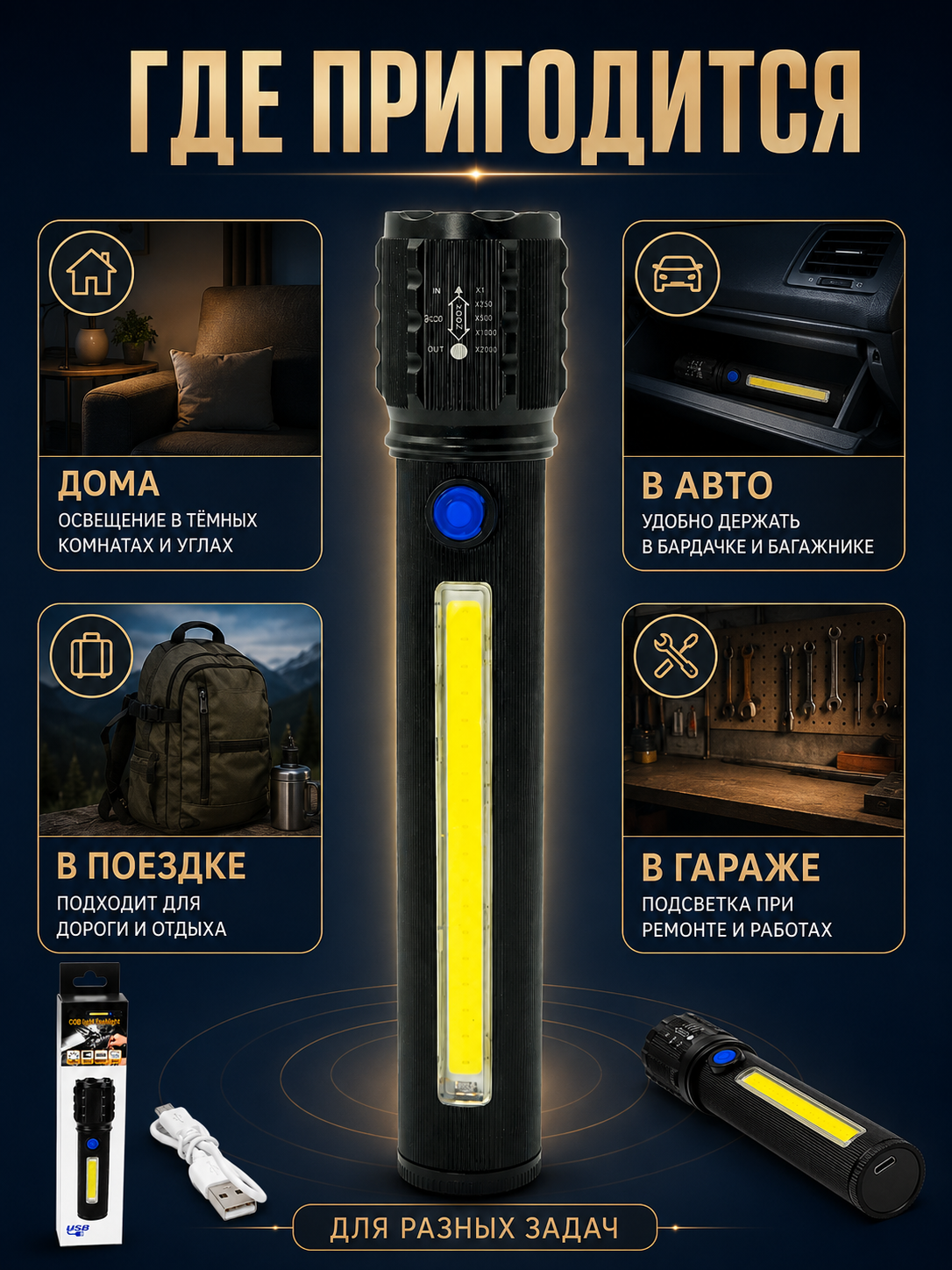 LED-фонарь с USB Type-C зарядкой, ручной фонарик с 4 боковыми световыми элементами