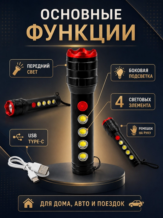 LED-фонарь с USB Type-C зарядкой, ручной фонарик с 4 боковыми световыми элементами