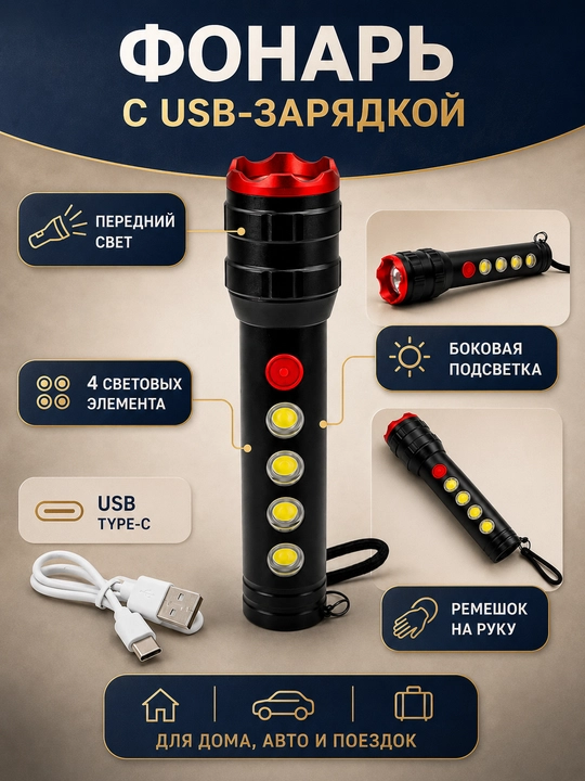 LED-фонарь с USB Type-C зарядкой, ручной фонарик с 4 боковыми световыми элементами - 