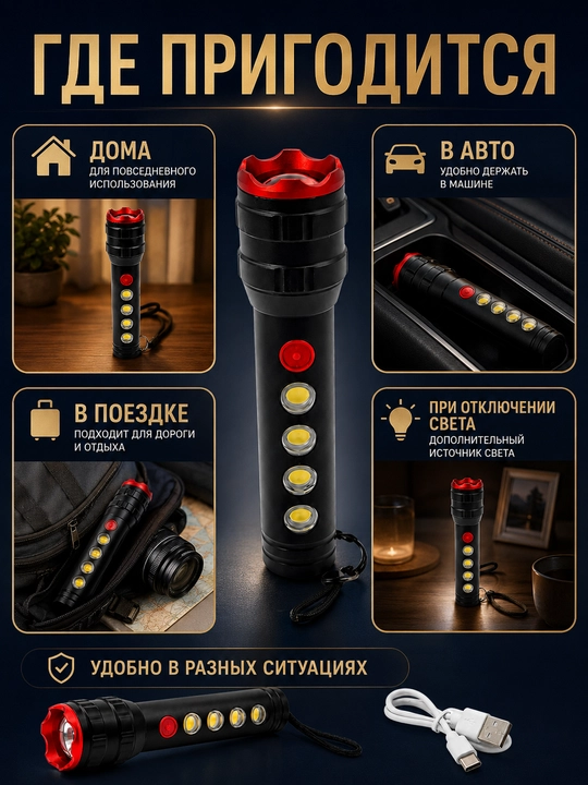 LED-фонарь с USB Type-C зарядкой, ручной фонарик с 4 боковыми световыми элементами