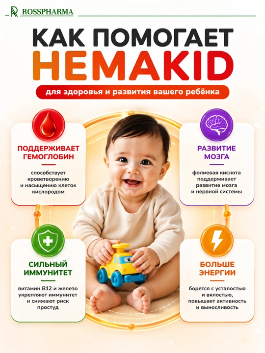 Капли с железом для детей Hemakid, детские витамины от анемии, бады для детей, kids