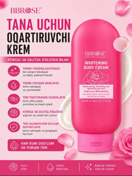 Yuz va tana uchun oqartiruvchi krem, 180Ml BBROSE sepkil va pigmentatsiya qarshi - 