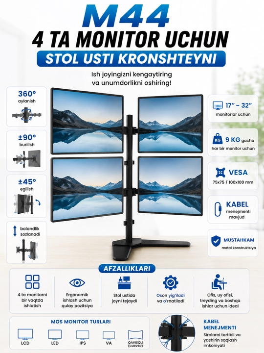 M44 4 ta monitor uchun stol usti kronshteyni 17–32" 9 kg VESA 75×75/100×100