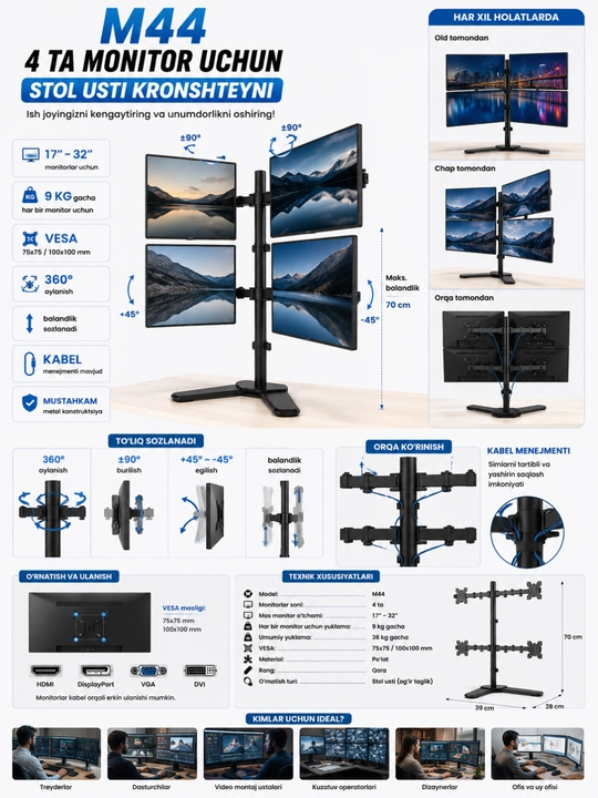 M44 4 ta monitor uchun stol usti kronshteyni 17–32" 9 kg VESA 75×75/100×100