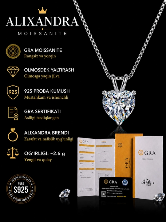 ALIXANDRA Ayollar uchun Sterling 925Proba Kumush Zanjir GRA Moissanite Toshli Sertifikatli