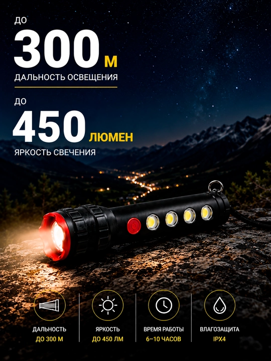 LED фонарь 450 лм, до 300 м, COB подсветка, IPX4, ручной фонарь с крючком