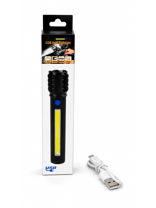 LED фонарь 450 лм, до 300 м, COB подсветка, IPX4, ручной фонарь с крючком