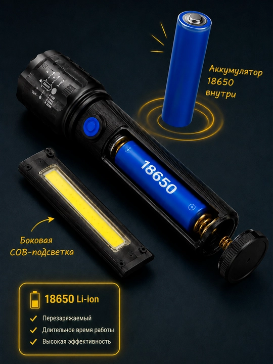 LED фонарь 450 лм, до 300 м, COB подсветка, IPX4, ручной фонарь с крючком