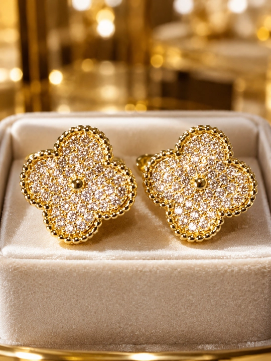 Серьги женские, Van Cleef, с фианитами, золотистые и серебристые