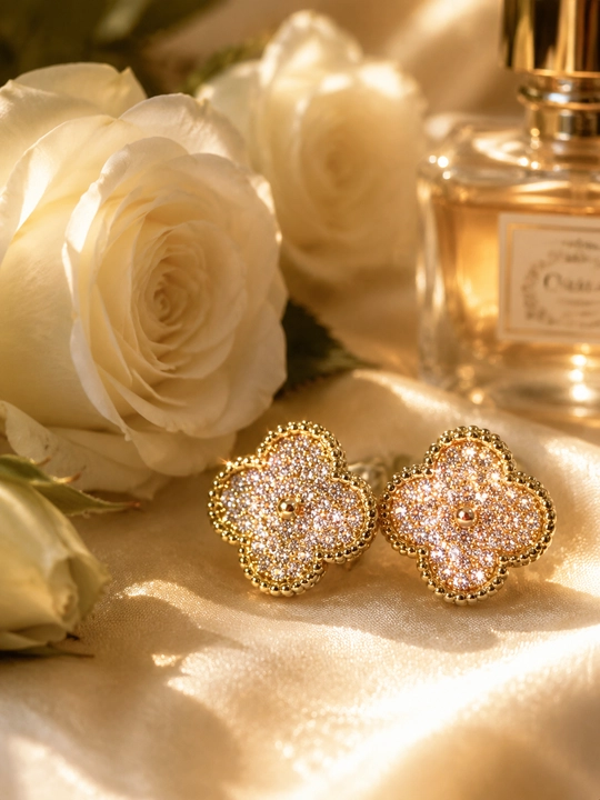 Серьги женские, Van Cleef, с фианитами, золотистые и серебристые