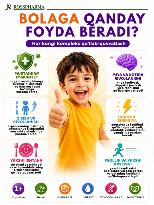 Kidolive vitaminli siropi, immunitet uchun bolalar vitaminlari, bolalar uchun multivitaminlar, bad