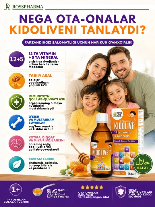 Kidolive vitaminli siropi, immunitet uchun bolalar vitaminlari, bolalar uchun multivitaminlar, bad