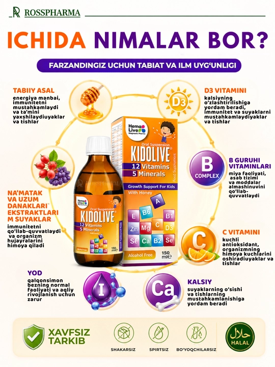Kidolive vitaminli siropi, immunitet uchun bolalar vitaminlari, bolalar uchun multivitaminlar, bad