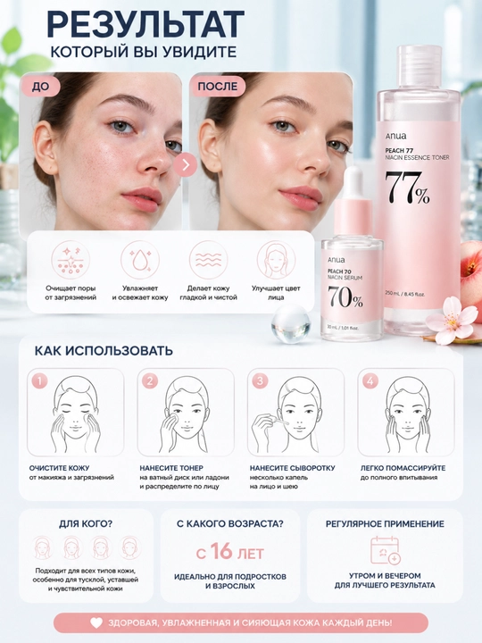 Тоник Anua Peach 77 Niacin Essence + сыворотка Anua Peach 70 Niacin